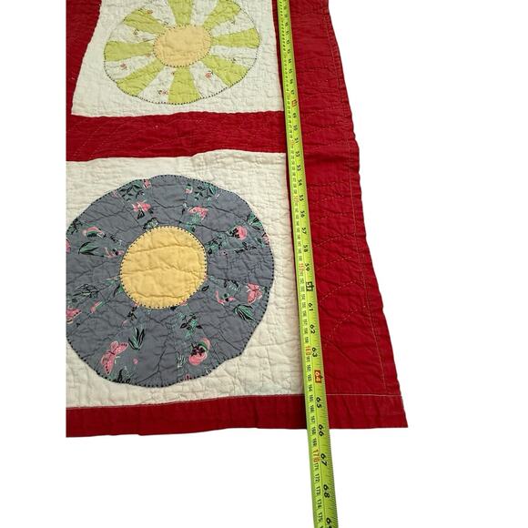 Antique Vintage Dresden Plate Quilt Red Sashing Hand Stitched 66x74” Patchwork - Picture 10 of 14